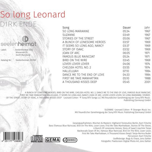 DIRK ENDE CD-COVER SO LONG LEONARD WITH PERMISSION FROM SONY FOR THIS ALBUM.